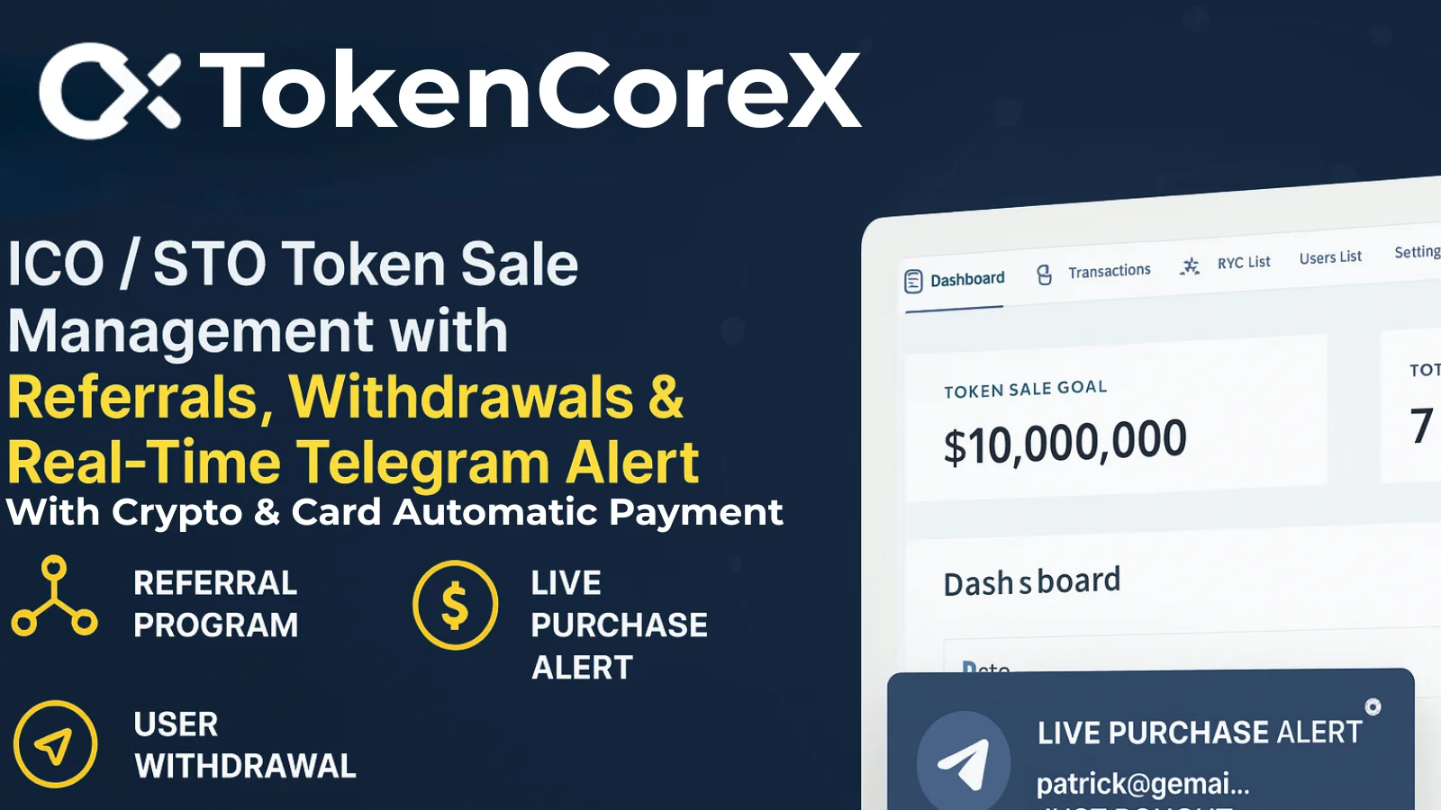 TokenCoreX – All-in-One ICO/STO Token Sale Platform with Real-Time Alerts and More